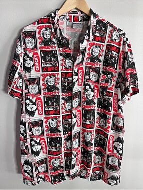 Chucky Horror Graphic Button Up Shirt Rayon Camp Collar Size L